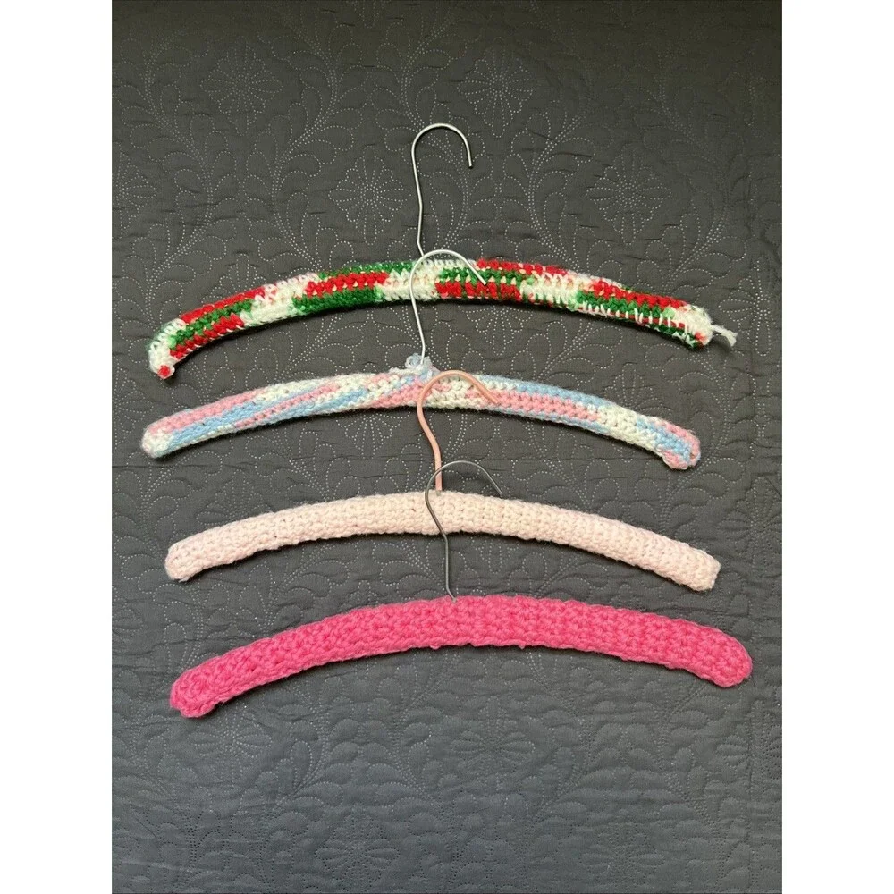 Vintage Lot of 4 Colorful Crocheted Yarn Covered Wooden Clothes Hangers Storage
